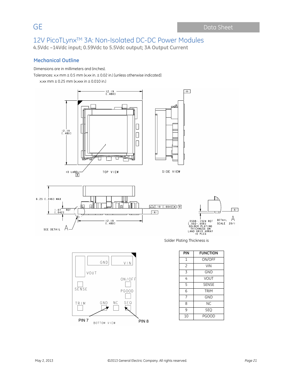 12v picotlynx, 3a: non-isolated dc-dc power modules, Data sheet | GE Industrial Solutions 12V PicoTLynx 3A User Manual | Page 21 / 25