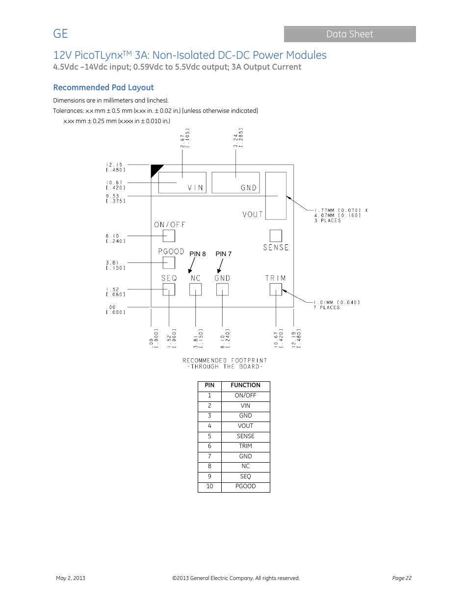 12v picotlynx, 3a: non-isolated dc-dc power modules, Data sheet | GE Industrial Solutions 12V PicoTLynx 3A User Manual | Page 22 / 25