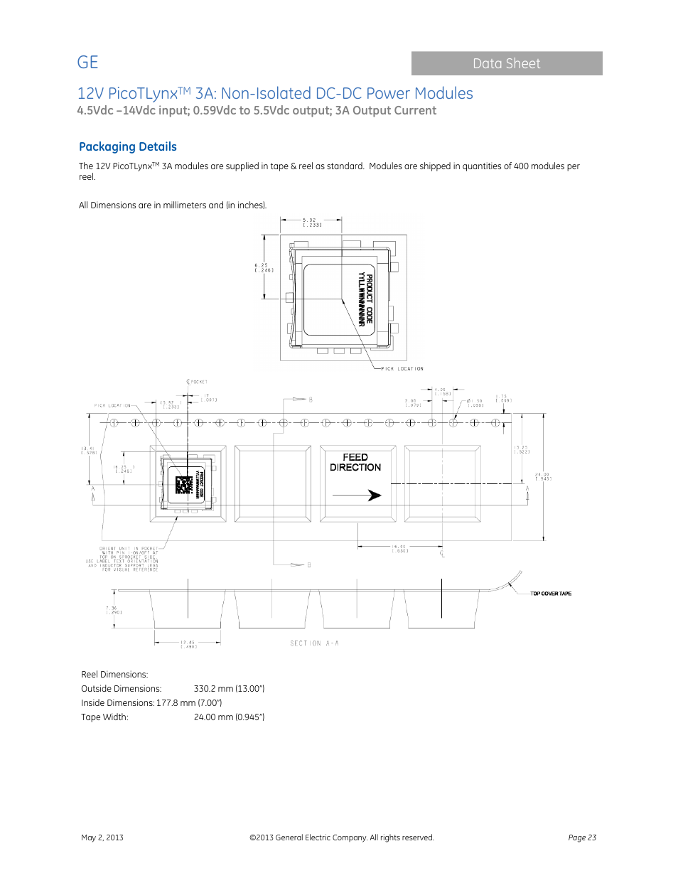 12v picotlynx, 3a: non-isolated dc-dc power modules, Data sheet | GE Industrial Solutions 12V PicoTLynx 3A User Manual | Page 23 / 25