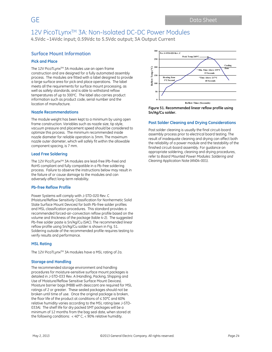 12v picotlynx, 3a: non-isolated dc-dc power modules, Data sheet | Surface mount information | GE Industrial Solutions 12V PicoTLynx 3A User Manual | Page 24 / 25