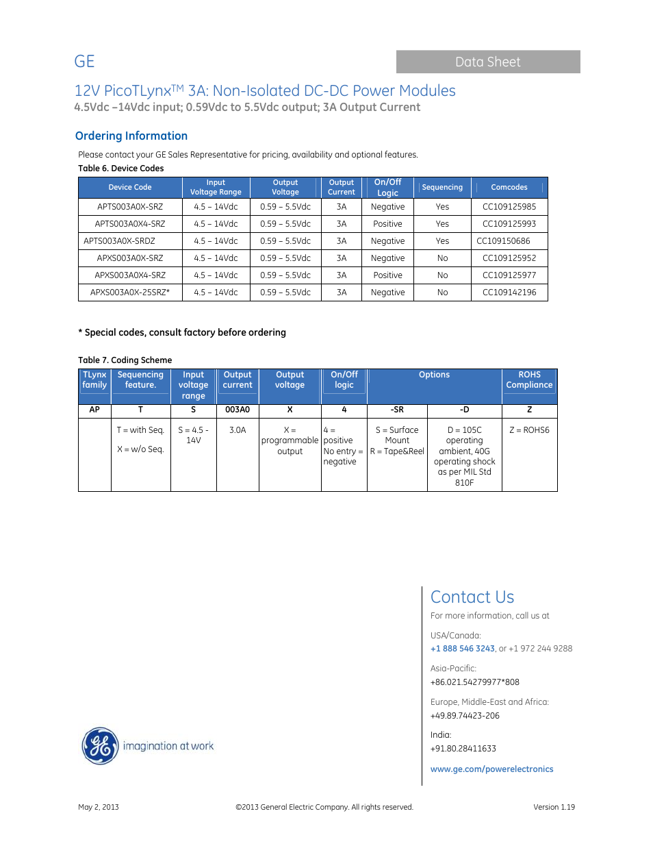 Contact us, 12v picotlynx, 3a: non-isolated dc-dc power modules | Data sheet, Ordering information | GE Industrial Solutions 12V PicoTLynx 3A User Manual | Page 25 / 25