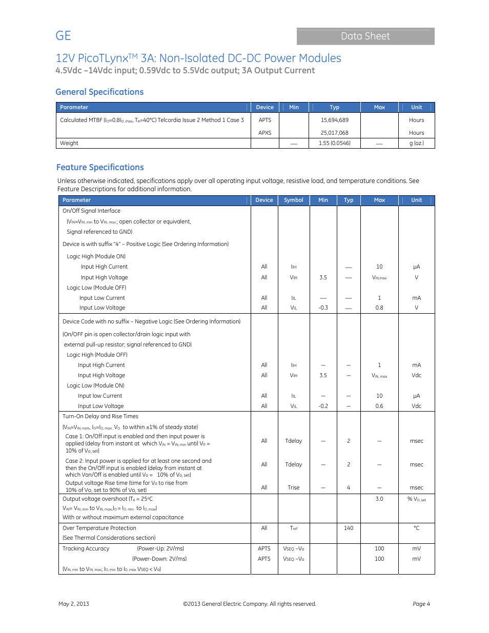 12v picotlynx, 3a: non-isolated dc-dc power modules, Data sheet | General specifications, Feature specifications | GE Industrial Solutions 12V PicoTLynx 3A User Manual | Page 4 / 25