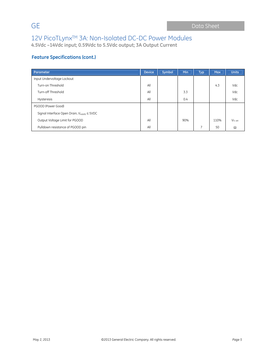 12v picotlynx, 3a: non-isolated dc-dc power modules, Data sheet | Feature specifications (cont.) | GE Industrial Solutions 12V PicoTLynx 3A User Manual | Page 5 / 25