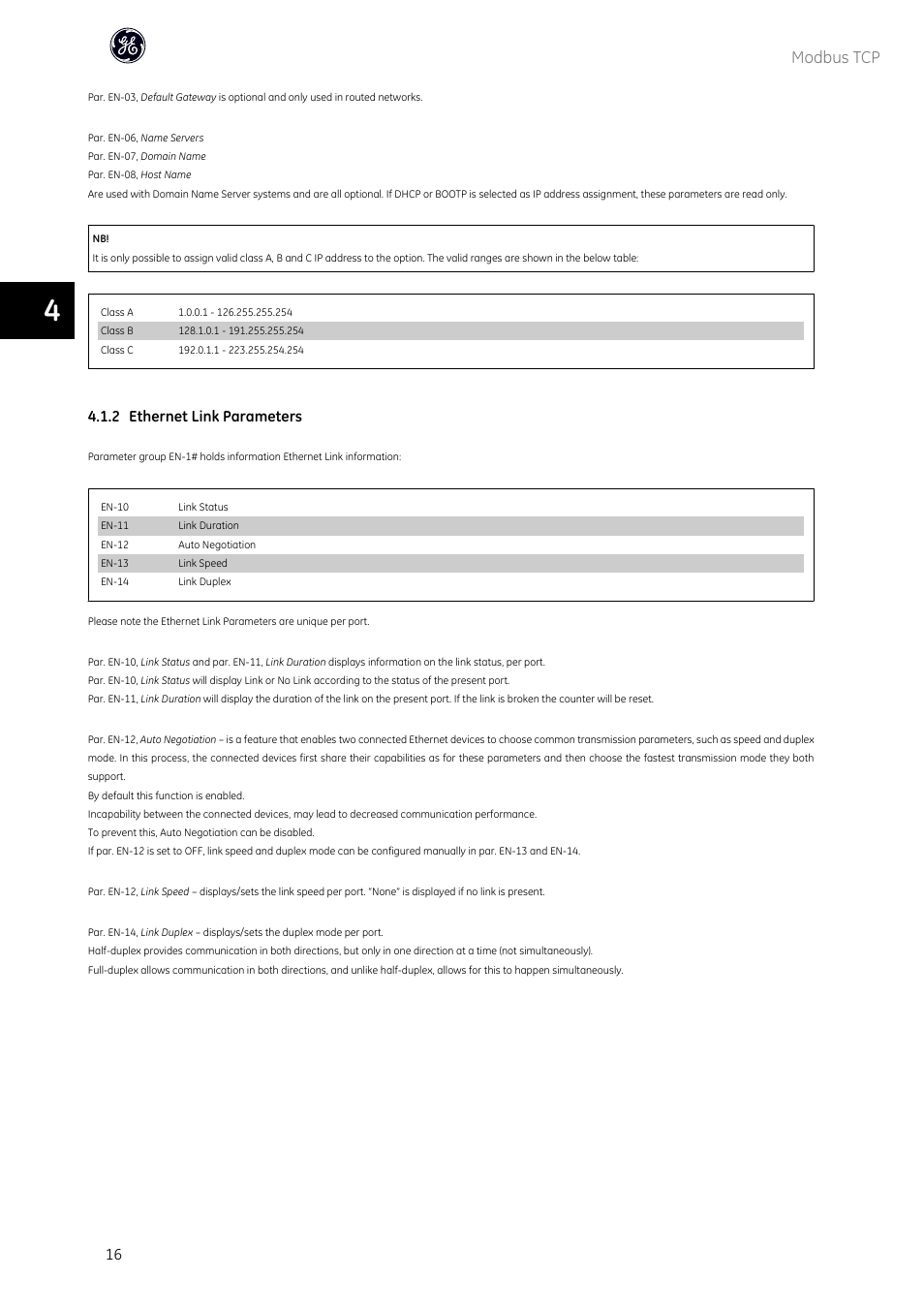 Modbus tcp, 2 ethernet link parameters | GE Industrial Solutions AF-600 FP OPCMBTCP Modbus TCP Option User Manual | Page 17 / 54