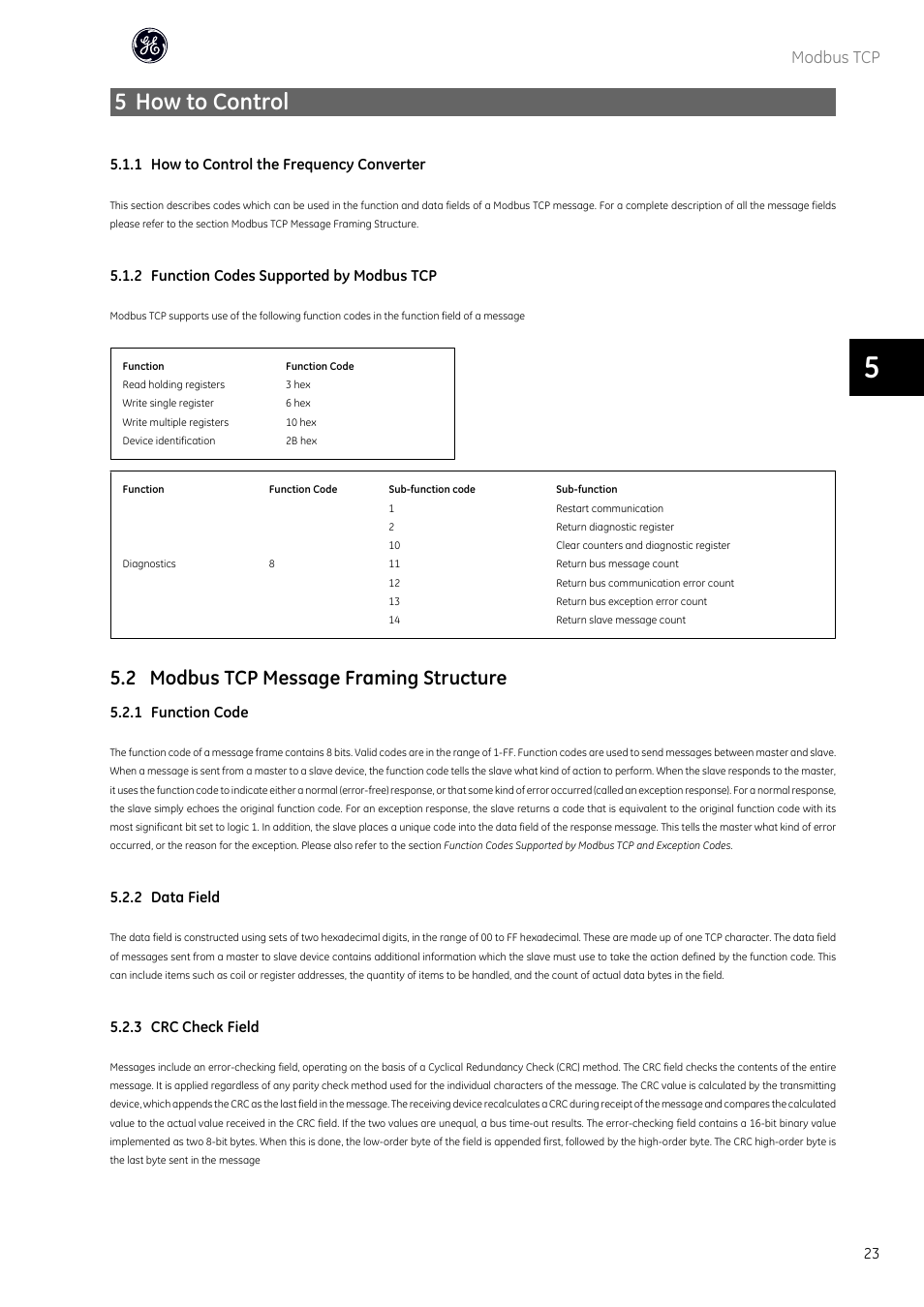5 how to control, 2 modbus tcp message framing structure, Modbus tcp | GE Industrial Solutions AF-600 FP OPCMBTCP Modbus TCP Option User Manual | Page 24 / 54