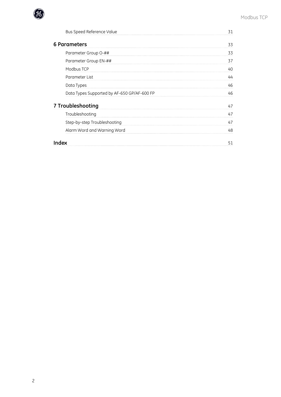 6 parameters, 7 troubleshooting, Index | GE Industrial Solutions AF-600 FP OPCMBTCP Modbus TCP Option User Manual | Page 3 / 54