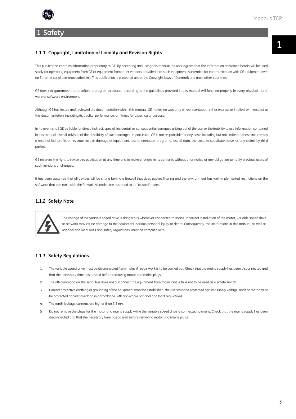 1 safety | GE Industrial Solutions AF-600 FP OPCMBTCP Modbus TCP Option User Manual | Page 4 / 54