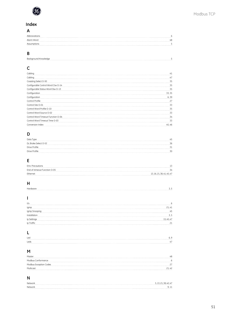 Index a, Modbus tcp | GE Industrial Solutions AF-600 FP OPCMBTCP Modbus TCP Option User Manual | Page 52 / 54
