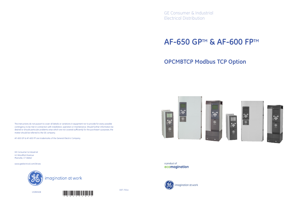 Af-650 gp, Af-600 fp, Opcmbtcp modbus tcp option | GE Industrial Solutions AF-600 FP OPCMBTCP Modbus TCP Option User Manual | Page 54 / 54