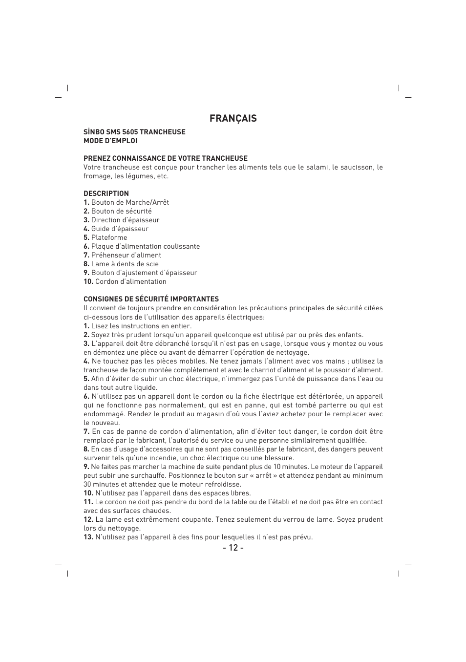 Français | SINBO SMS 5605 User Manual | Page 13 / 43