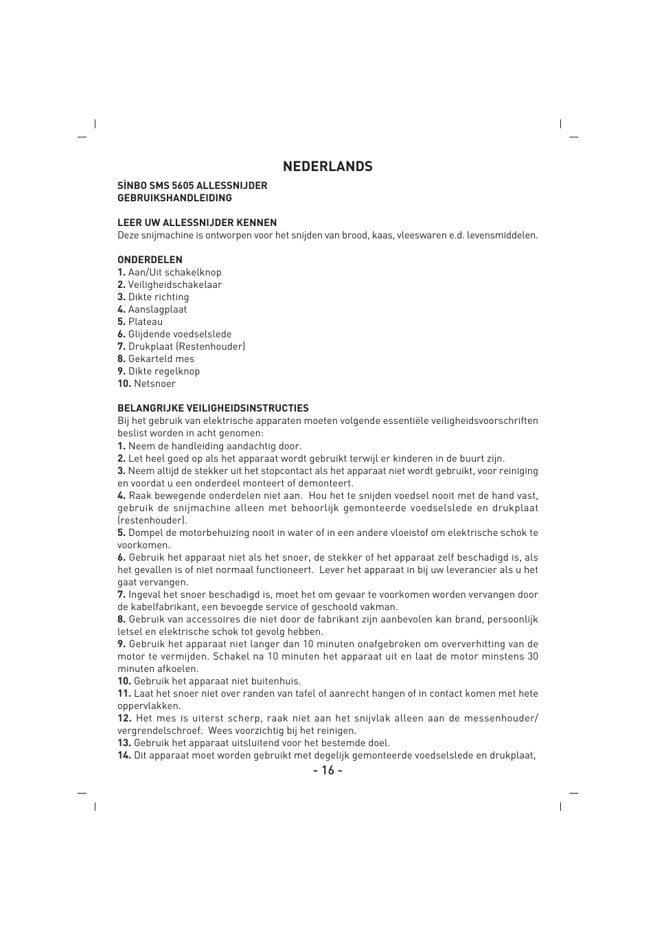 Nederlands | SINBO SMS 5605 User Manual | Page 17 / 43