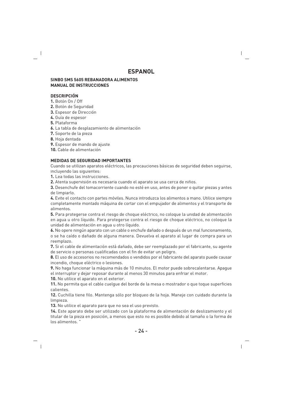 Espanol | SINBO SMS 5605 User Manual | Page 25 / 43