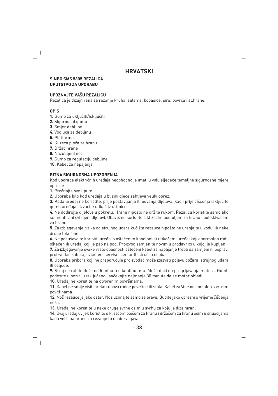 Hrvatski | SINBO SMS 5605 User Manual | Page 39 / 43
