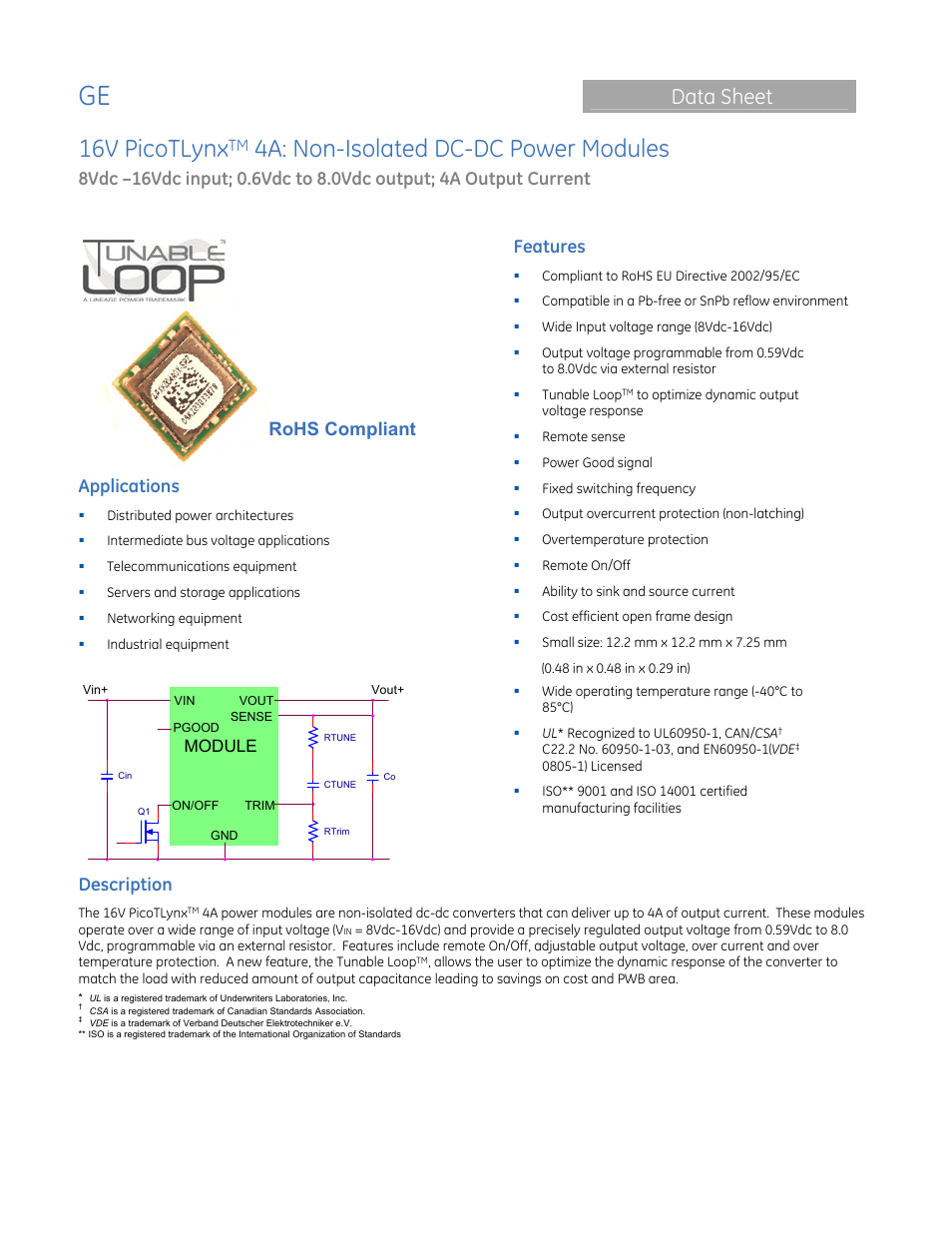 GE Industrial Solutions 16V PicoTLynx 4A User Manual | 26 pages