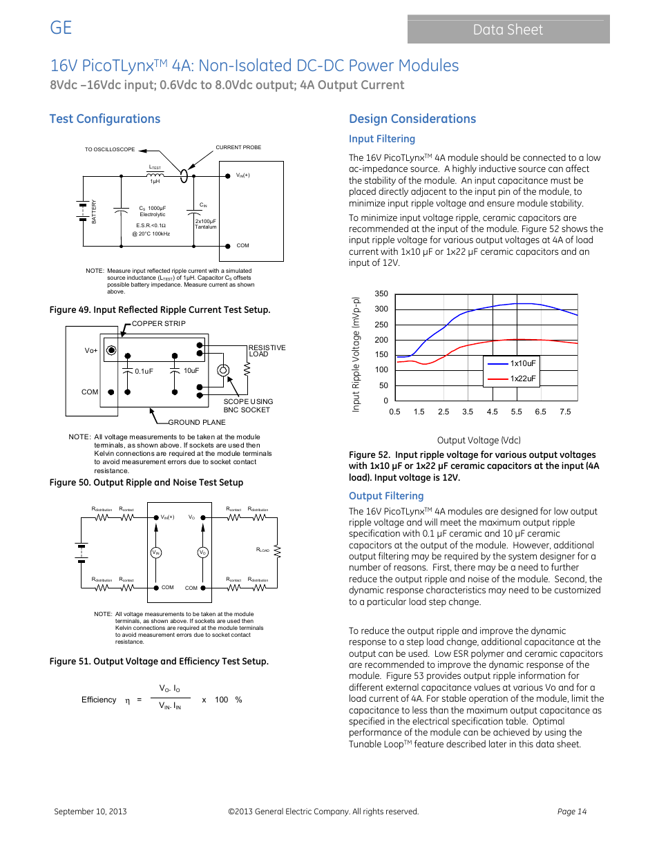 16v picotlynx, 4a: non-isolated dc-dc power modules, Data sheet | Test configurations, Design considerations, Input filtering, Output filtering, Figure 50. output ripple and noise test setup, The 16v picotlynx, Feature described later in this data sheet | GE Industrial Solutions 16V PicoTLynx 4A User Manual | Page 14 / 26
