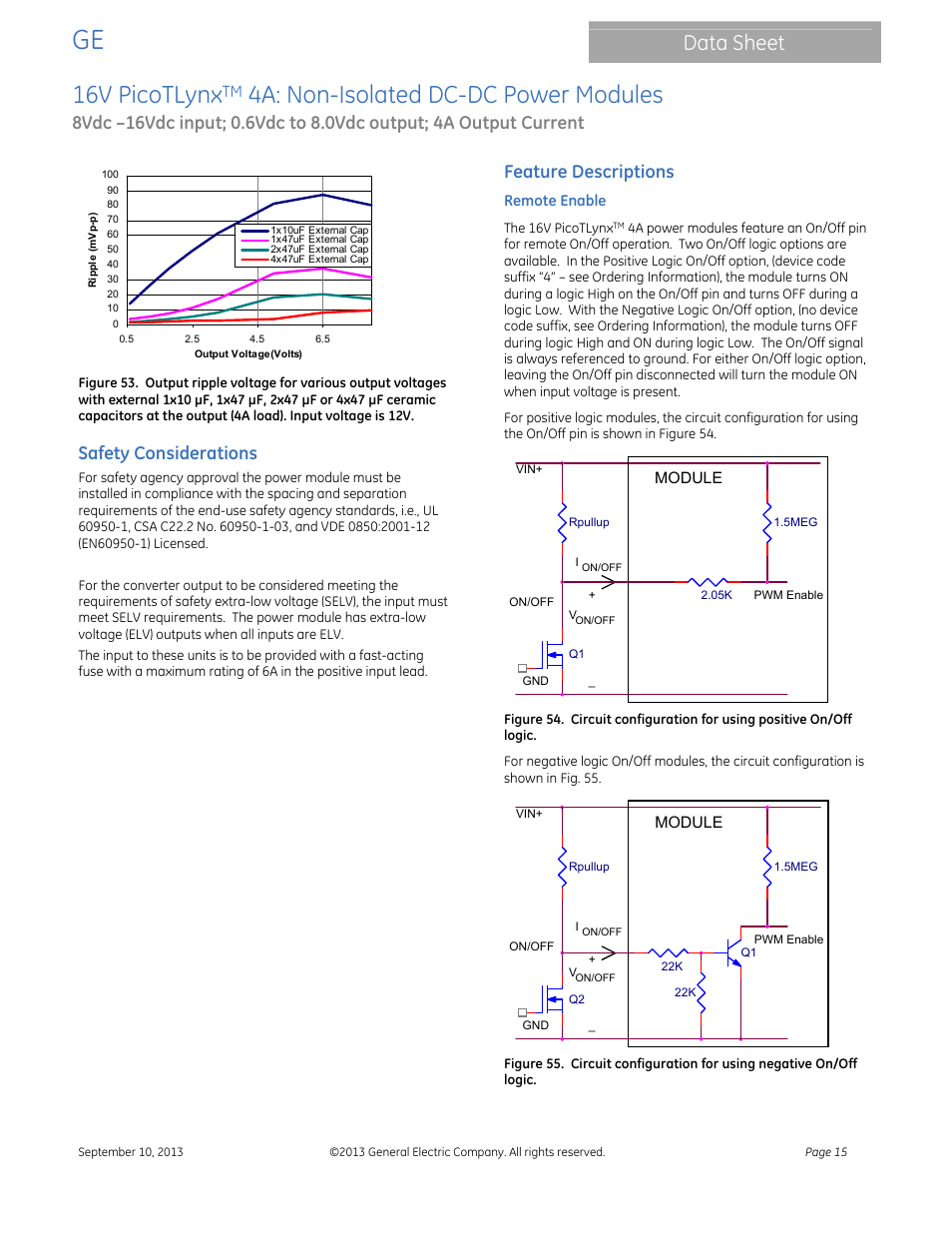 16v picotlynx, 4a: non-isolated dc-dc power modules, Data sheet | Safety considerations, Feature descriptions | GE Industrial Solutions 16V PicoTLynx 4A User Manual | Page 15 / 26