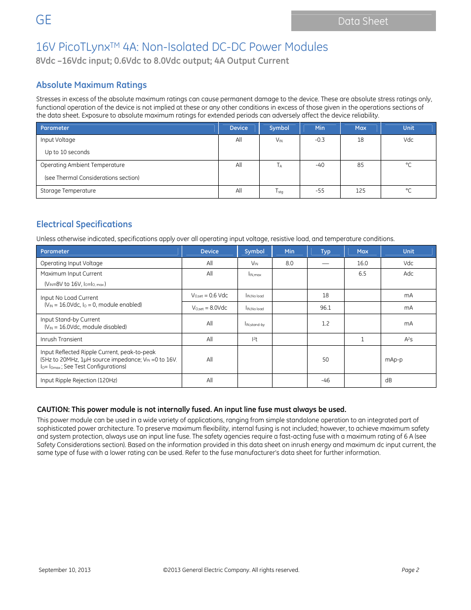 16v picotlynx, 4a: non-isolated dc-dc power modules, Data sheet | Absolute maximum ratings, Electrical specifications | GE Industrial Solutions 16V PicoTLynx 4A User Manual | Page 2 / 26