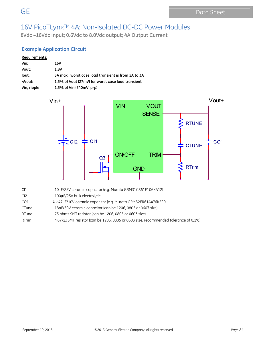 Module, 16v picotlynx, 4a: non-isolated dc-dc power modules | Data sheet | GE Industrial Solutions 16V PicoTLynx 4A User Manual | Page 21 / 26