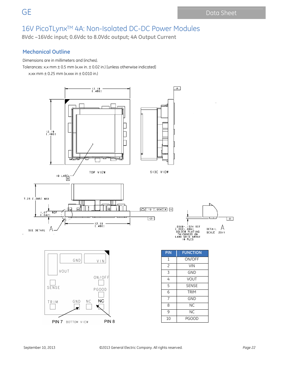 16v picotlynx, 4a: non-isolated dc-dc power modules, Data sheet | GE Industrial Solutions 16V PicoTLynx 4A User Manual | Page 22 / 26