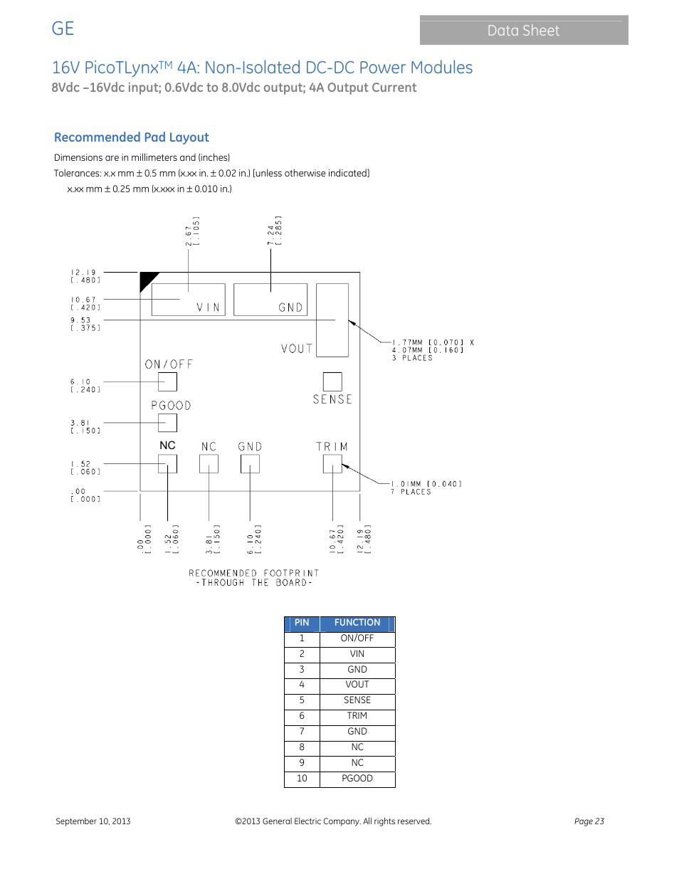 16v picotlynx, 4a: non-isolated dc-dc power modules, Data sheet | GE Industrial Solutions 16V PicoTLynx 4A User Manual | Page 23 / 26