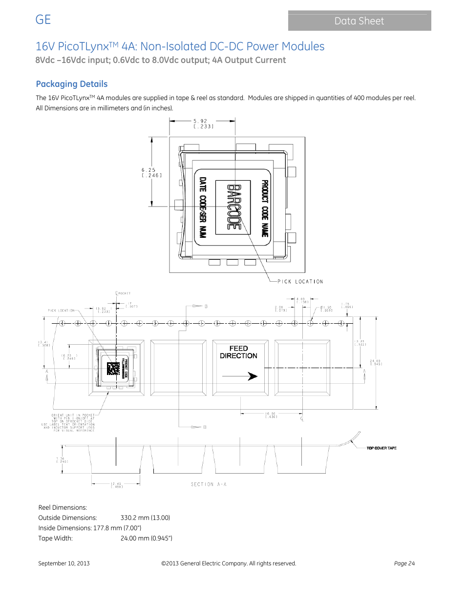 16v picotlynx, 4a: non-isolated dc-dc power modules, Data sheet | GE Industrial Solutions 16V PicoTLynx 4A User Manual | Page 24 / 26