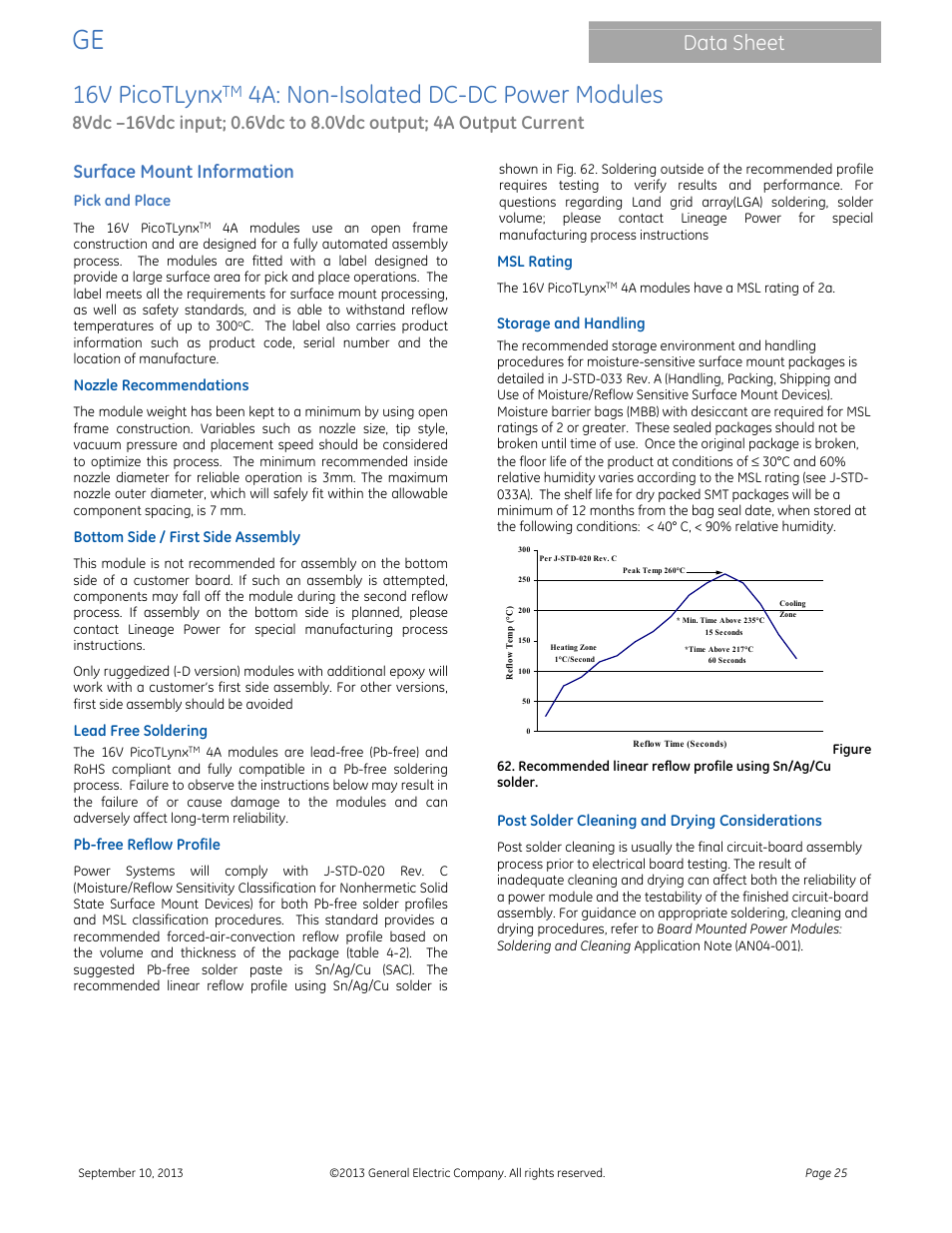 16v picotlynx, 4a: non-isolated dc-dc power modules, Data sheet | Surface mount information | GE Industrial Solutions 16V PicoTLynx 4A User Manual | Page 25 / 26