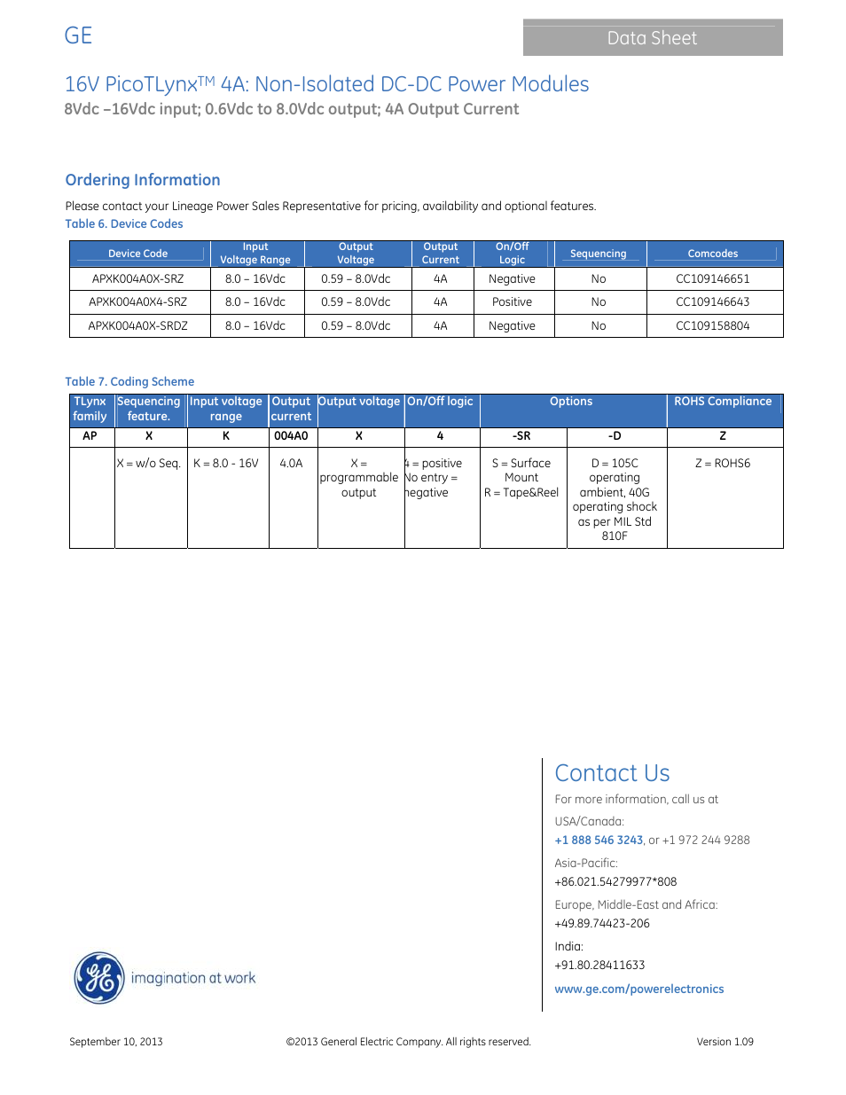 Contact us, 16v picotlynx, 4a: non-isolated dc-dc power modules | Data sheet, Ordering information | GE Industrial Solutions 16V PicoTLynx 4A User Manual | Page 26 / 26