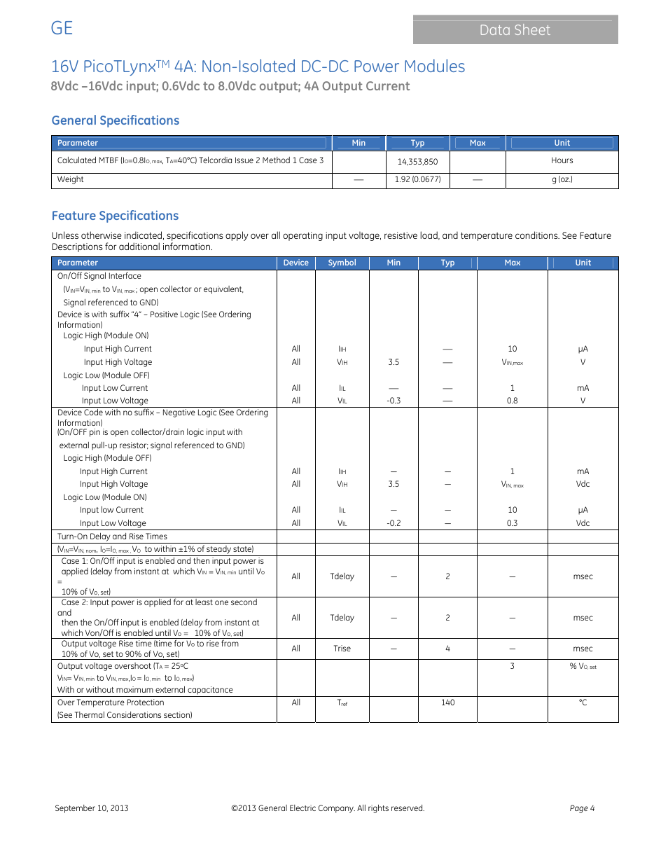 16v picotlynx, 4a: non-isolated dc-dc power modules, Data sheet | General specifications, Feature specifications | GE Industrial Solutions 16V PicoTLynx 4A User Manual | Page 4 / 26