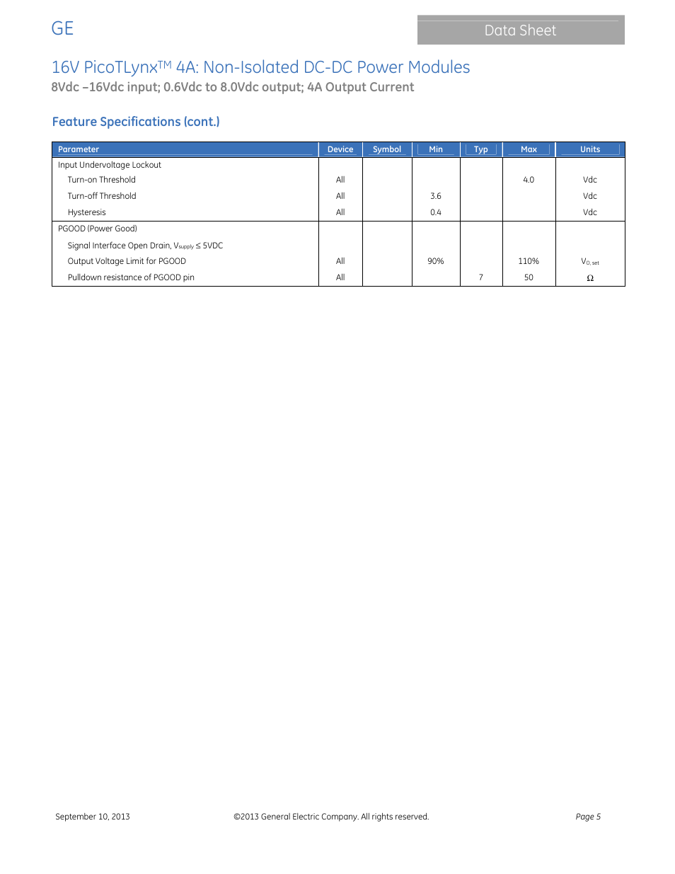 16v picotlynx, 4a: non-isolated dc-dc power modules, Data sheet | Feature specifications (cont.) | GE Industrial Solutions 16V PicoTLynx 4A User Manual | Page 5 / 26