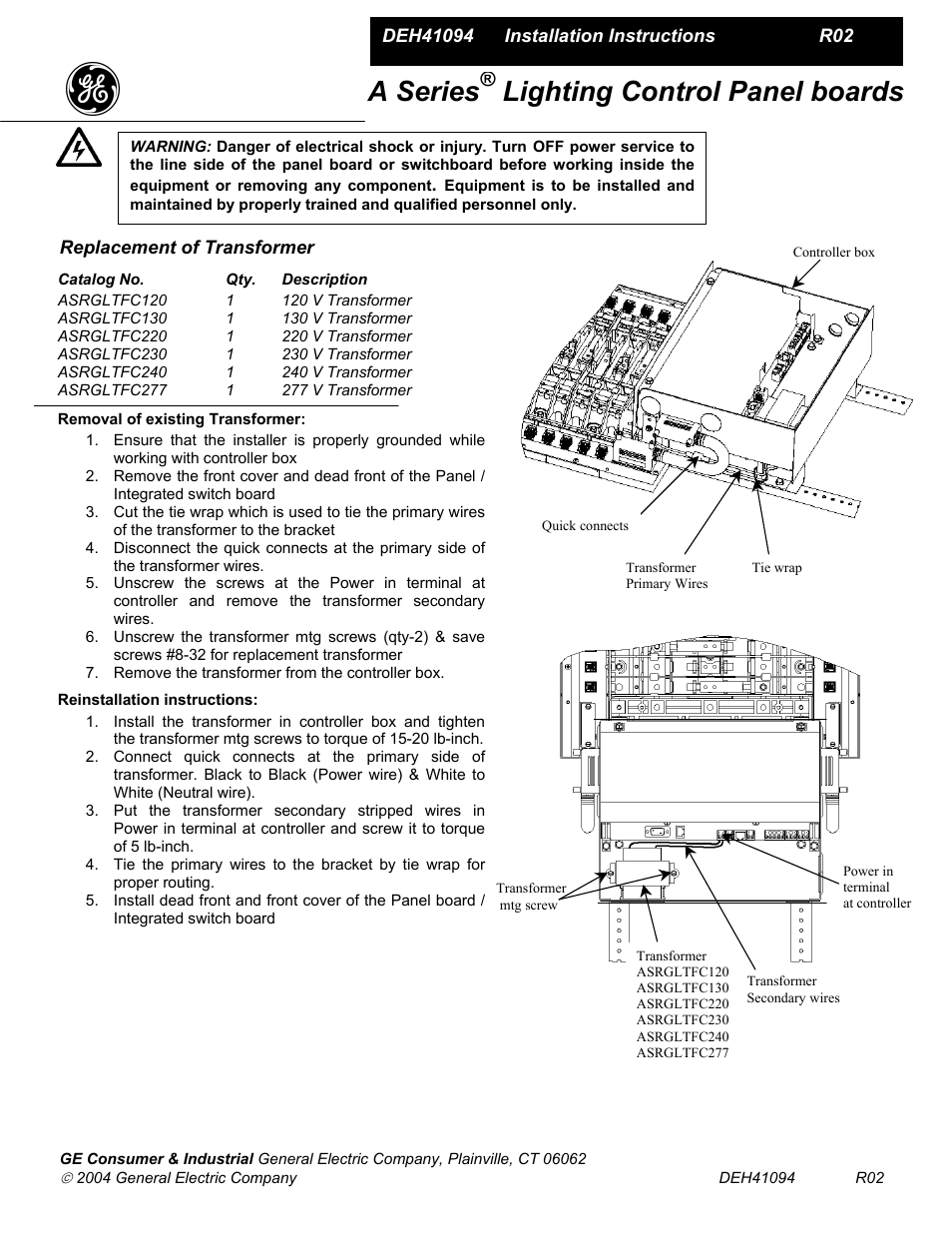 GE Industrial Solutions A Series Lighting Control Panelboards Replacement of Transformer User Manual | 1 page