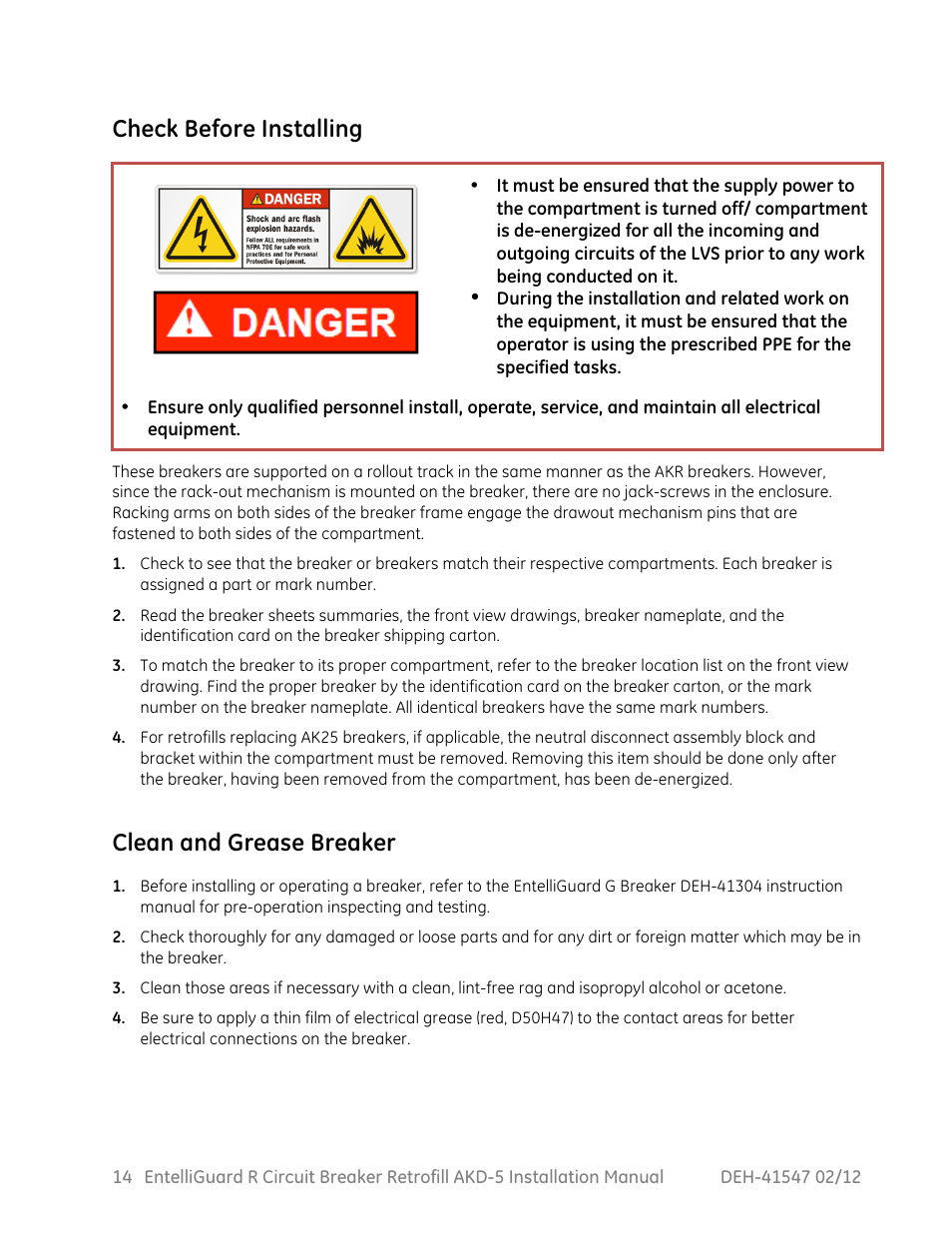 Check before installing, Clean and grease breaker | GE Industrial Solutions EntelliGuard R AKD-5 User Manual | Page 15 / 47