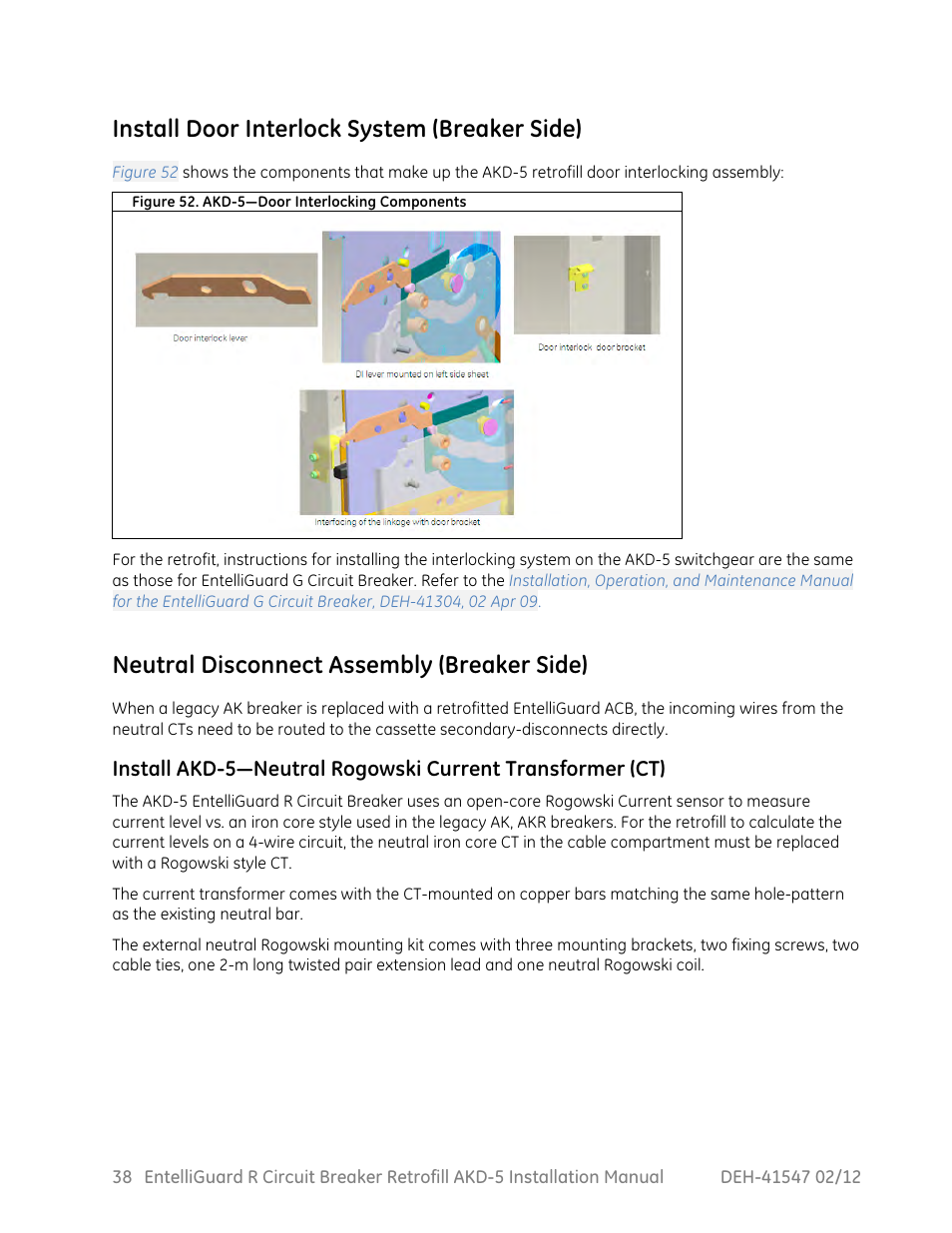 Install door interlock system (breaker side), Neutral disconnect assembly (breaker side) | GE Industrial Solutions EntelliGuard R AKD-5 User Manual | Page 39 / 47