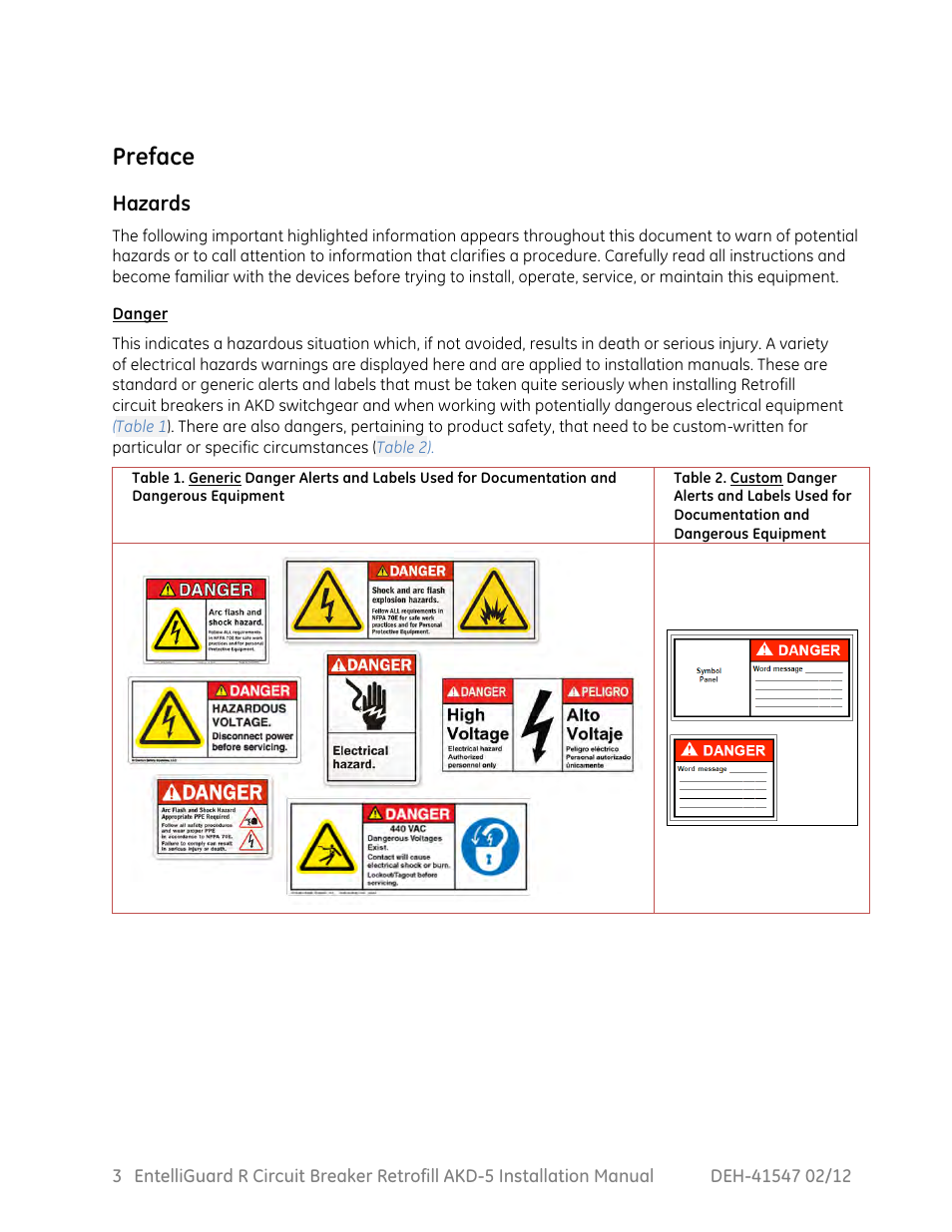 Preface, Hazards | GE Industrial Solutions EntelliGuard R AKD-5 User Manual | Page 4 / 47