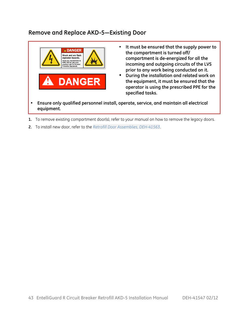 Remove and replace akd-5—existing door | GE Industrial Solutions EntelliGuard R AKD-5 User Manual | Page 44 / 47