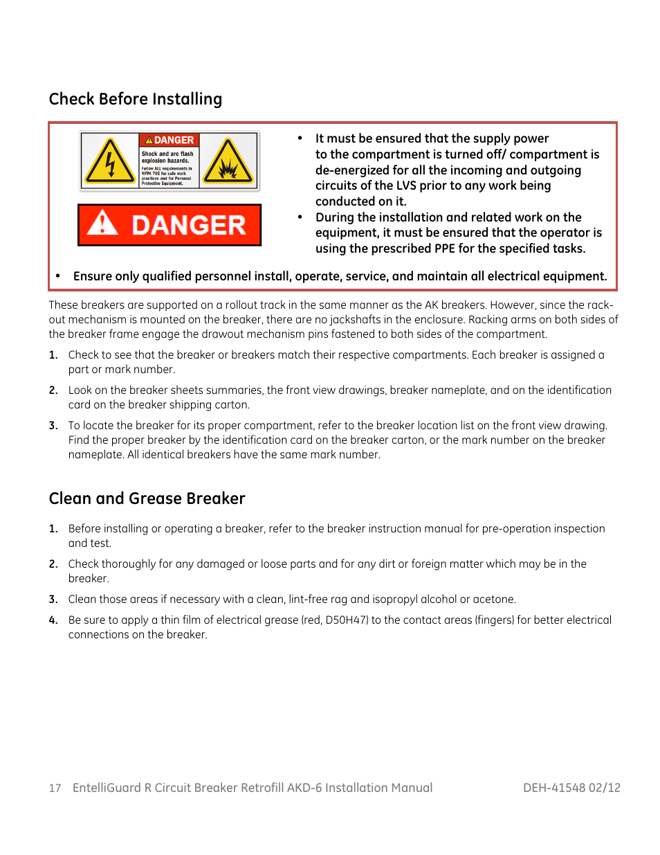 Check before installing, Clean and grease breaker | GE Industrial Solutions EntelliGuard R AKD-6 User Manual | Page 18 / 41