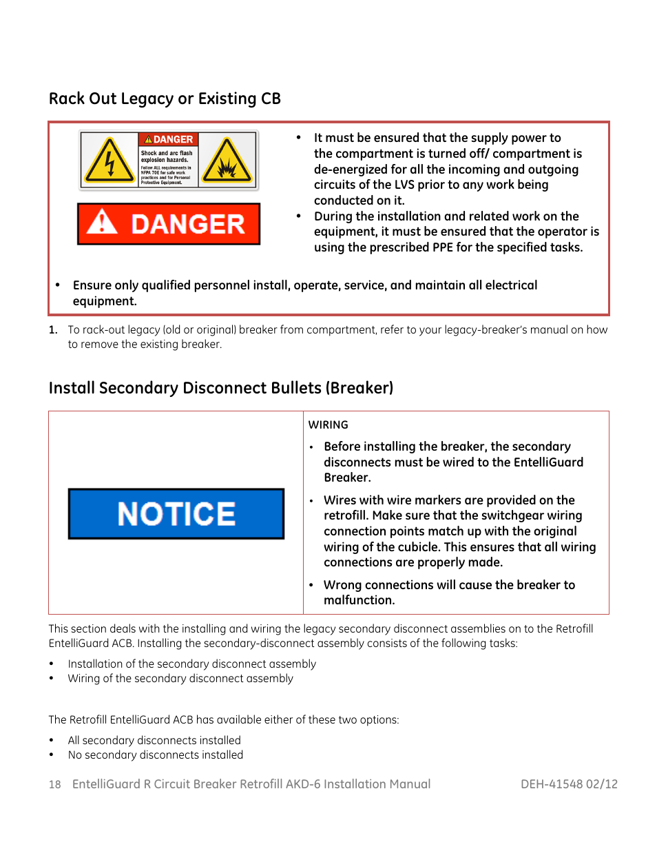 Rack out legacy or existing cb, Install secondary disconnect bullets (breaker) | GE Industrial Solutions EntelliGuard R AKD-6 User Manual | Page 19 / 41