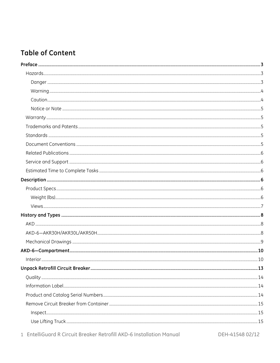 Table of content | GE Industrial Solutions EntelliGuard R AKD-6 User Manual | Page 2 / 41