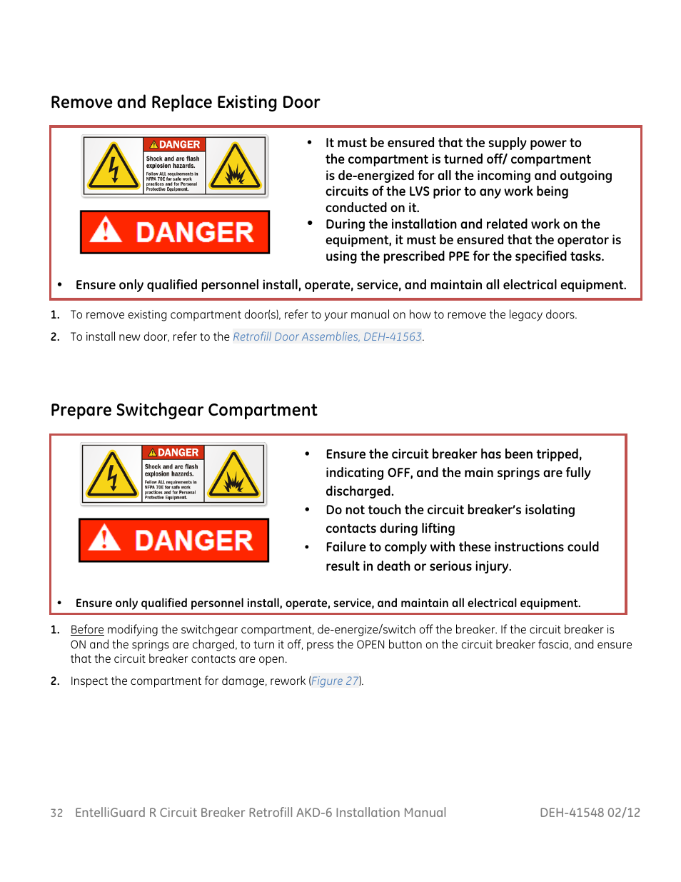 Remove and replace existing door, Prepare switchgear compartment | GE Industrial Solutions EntelliGuard R AKD-6 User Manual | Page 33 / 41