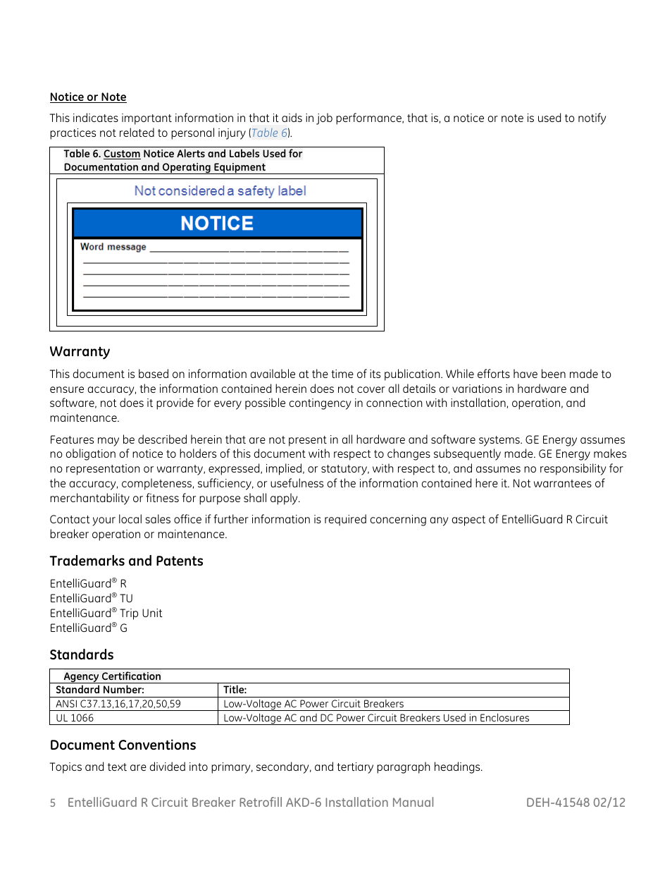 Warranty, Trademarks and patents, Standards | Document conventions | GE Industrial Solutions EntelliGuard R AKD-6 User Manual | Page 6 / 41