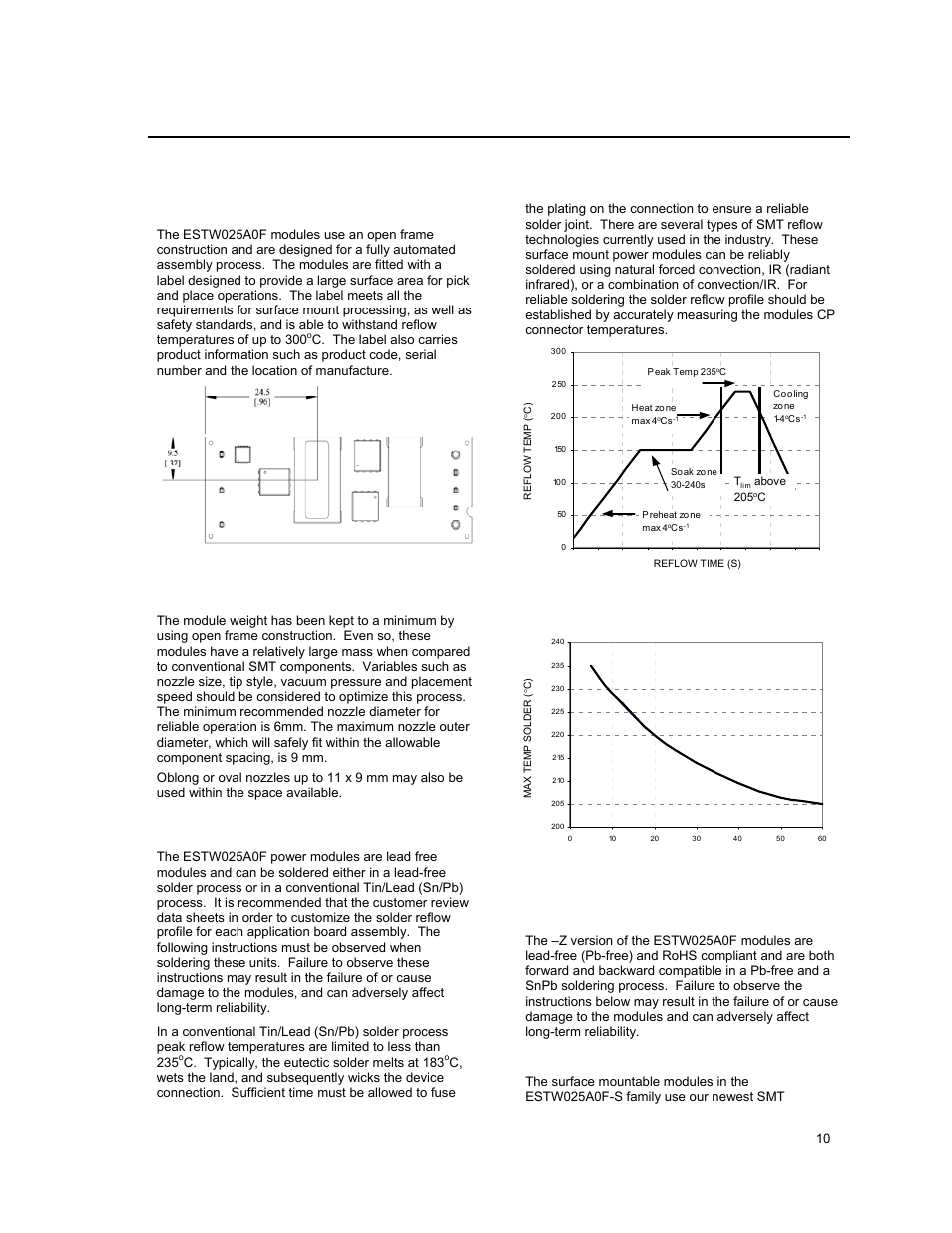 Surface mount information, Pick and place, Nozzle recommendations | Tin lead soldering, Lead free soldering, Reflow soldering information | GE Industrial Solutions ESTW025A0F Series User Manual | Page 10 / 20