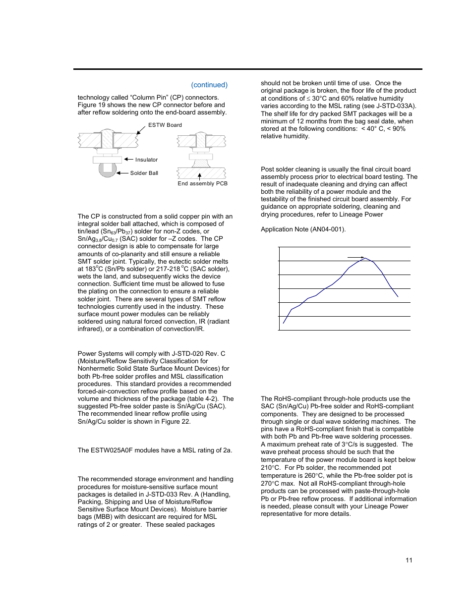 Surface mount information, Through-hole lead-free soldering information | GE Industrial Solutions ESTW025A0F Series User Manual | Page 11 / 20
