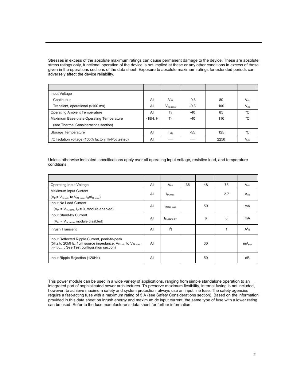 Absolute maximum ratings, Electrical specifications | GE Industrial Solutions ESTW025A0F Series User Manual | Page 2 / 20