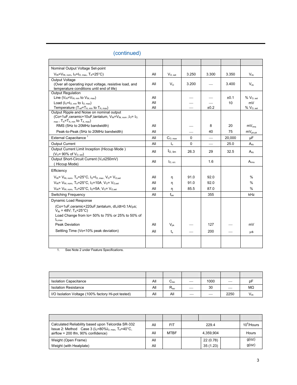 Electrical specifications (continued), Isolation specifications, General specifications | GE Industrial Solutions ESTW025A0F Series User Manual | Page 3 / 20