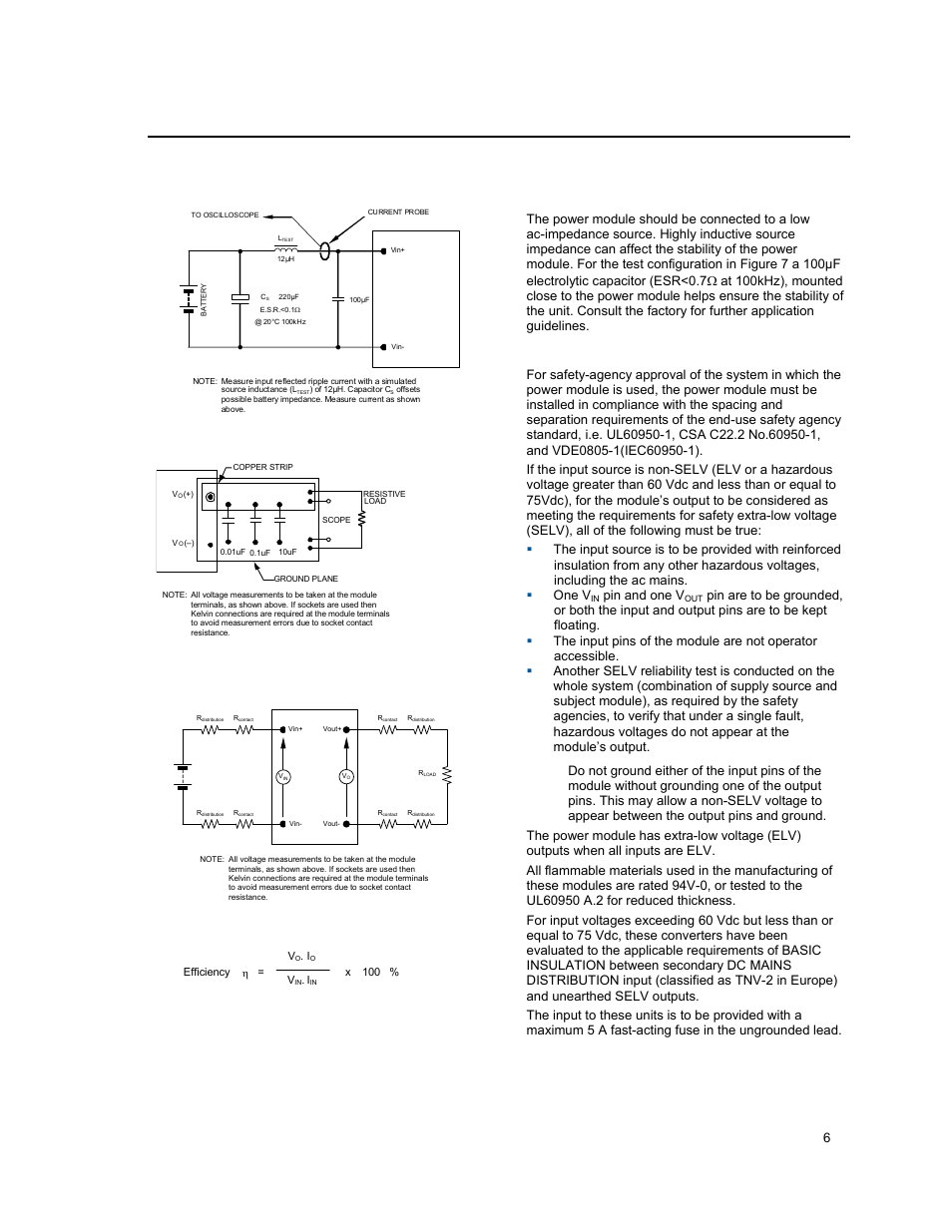 Test configurations, Design considerations, Safety considerations | Input filtering, Lineage power 6, Figure 8. output ripple and noise test setup, Figure 9. output voltage and efficiency test setup, Pin and one v | GE Industrial Solutions ESTW025A0F Series User Manual | Page 6 / 20