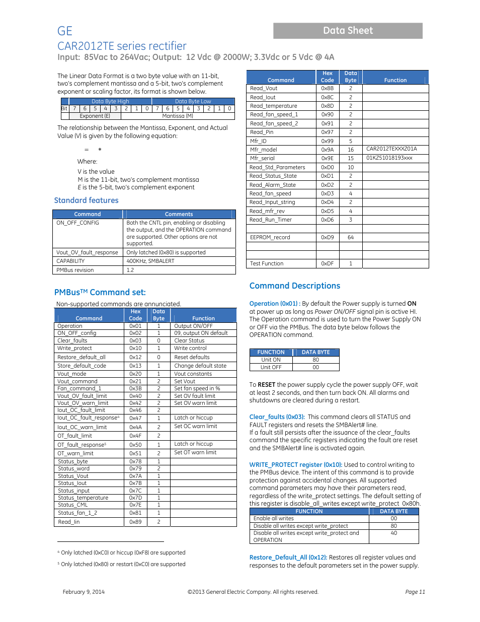 Car2012te series rectifier, Data sheet, Pmbus | Command set, Command descriptions, Standard features | GE Industrial Solutions CAR2012TE series User Manual | Page 11 / 20