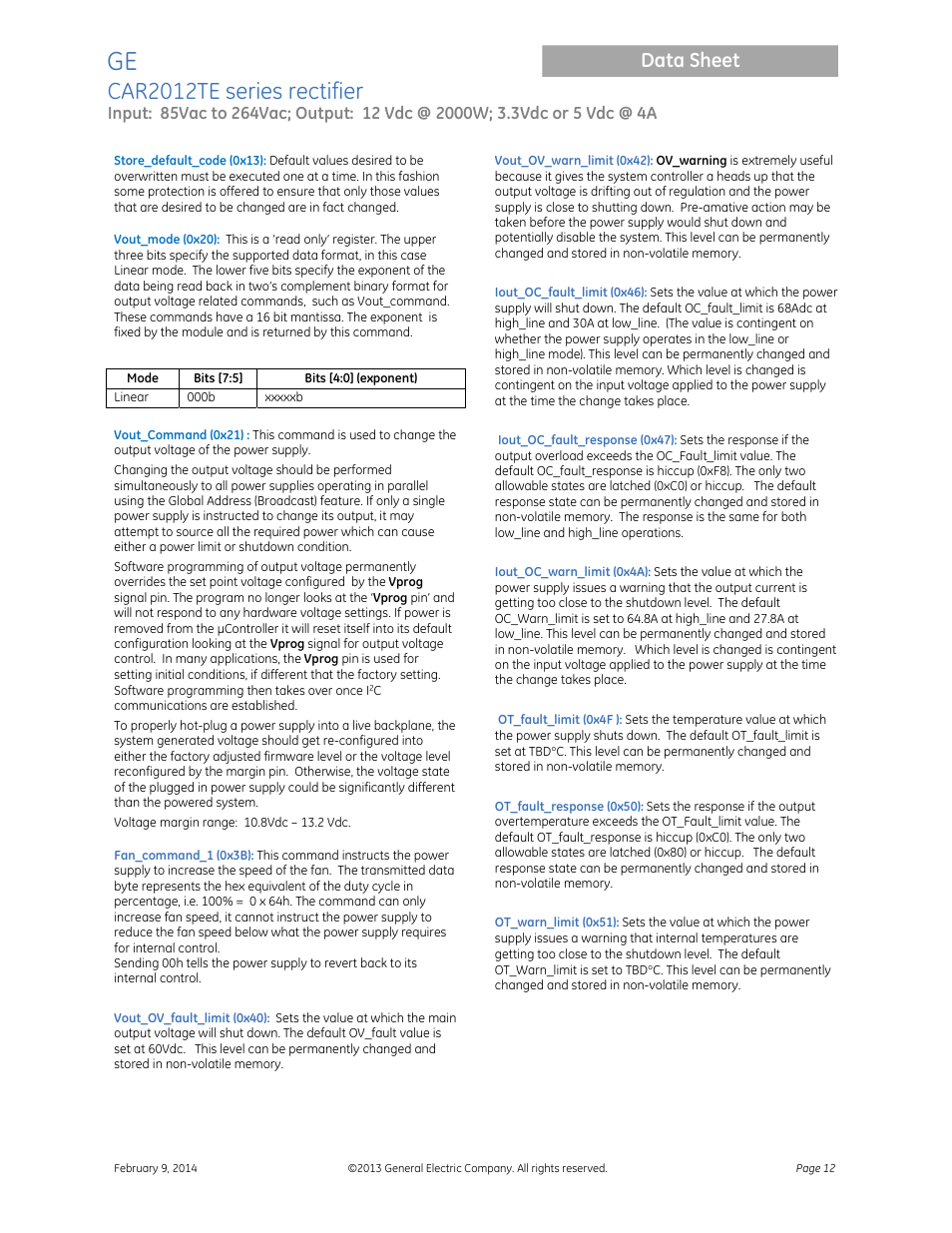 Car2012te series rectifier, Data sheet | GE Industrial Solutions CAR2012TE series User Manual | Page 12 / 20