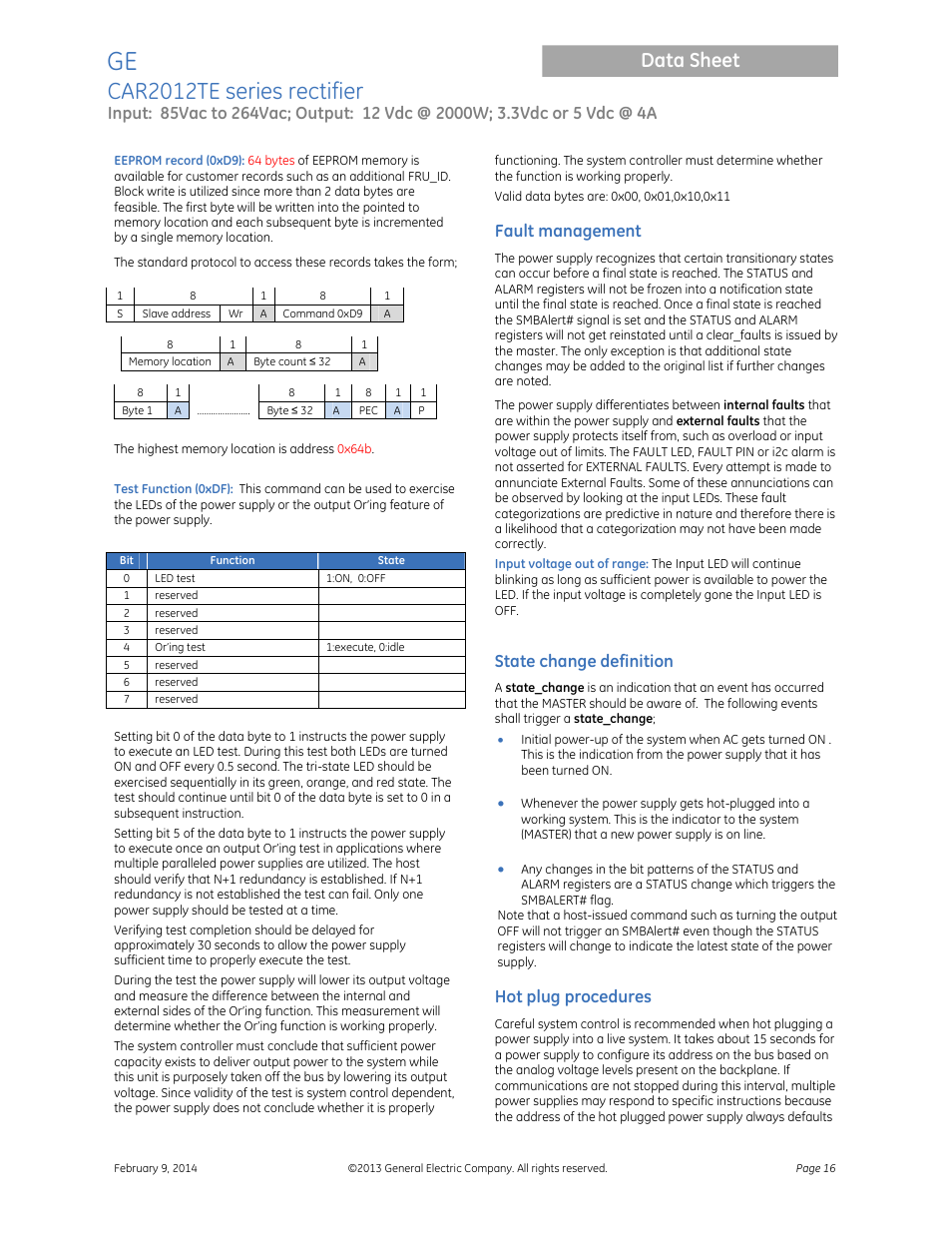 Car2012te series rectifier, Data sheet, Fault management | State change definition, Hot plug procedures | GE Industrial Solutions CAR2012TE series User Manual | Page 16 / 20