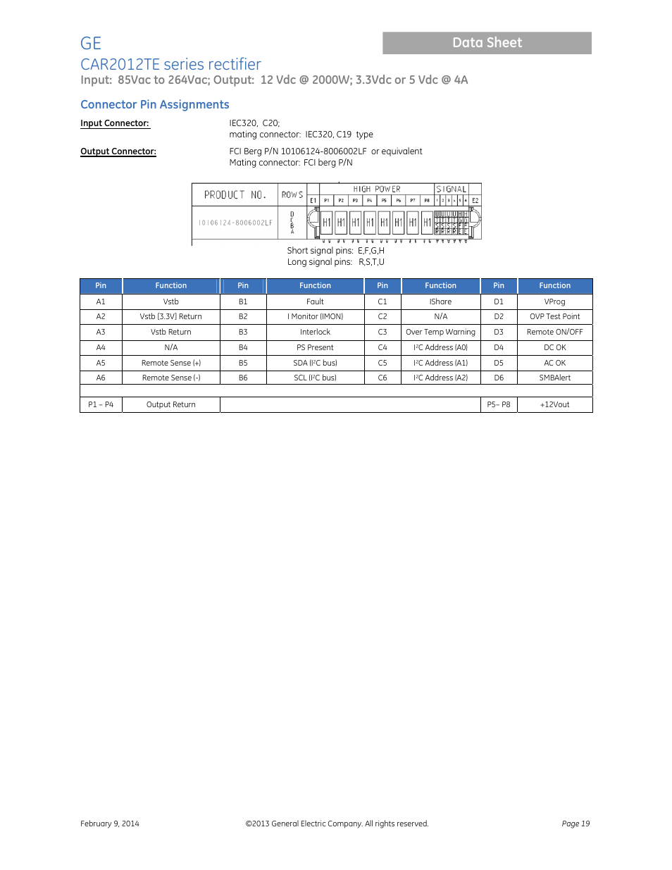 Car2012te series rectifier, Data sheet, Connector pin assignments | GE Industrial Solutions CAR2012TE series User Manual | Page 19 / 20
