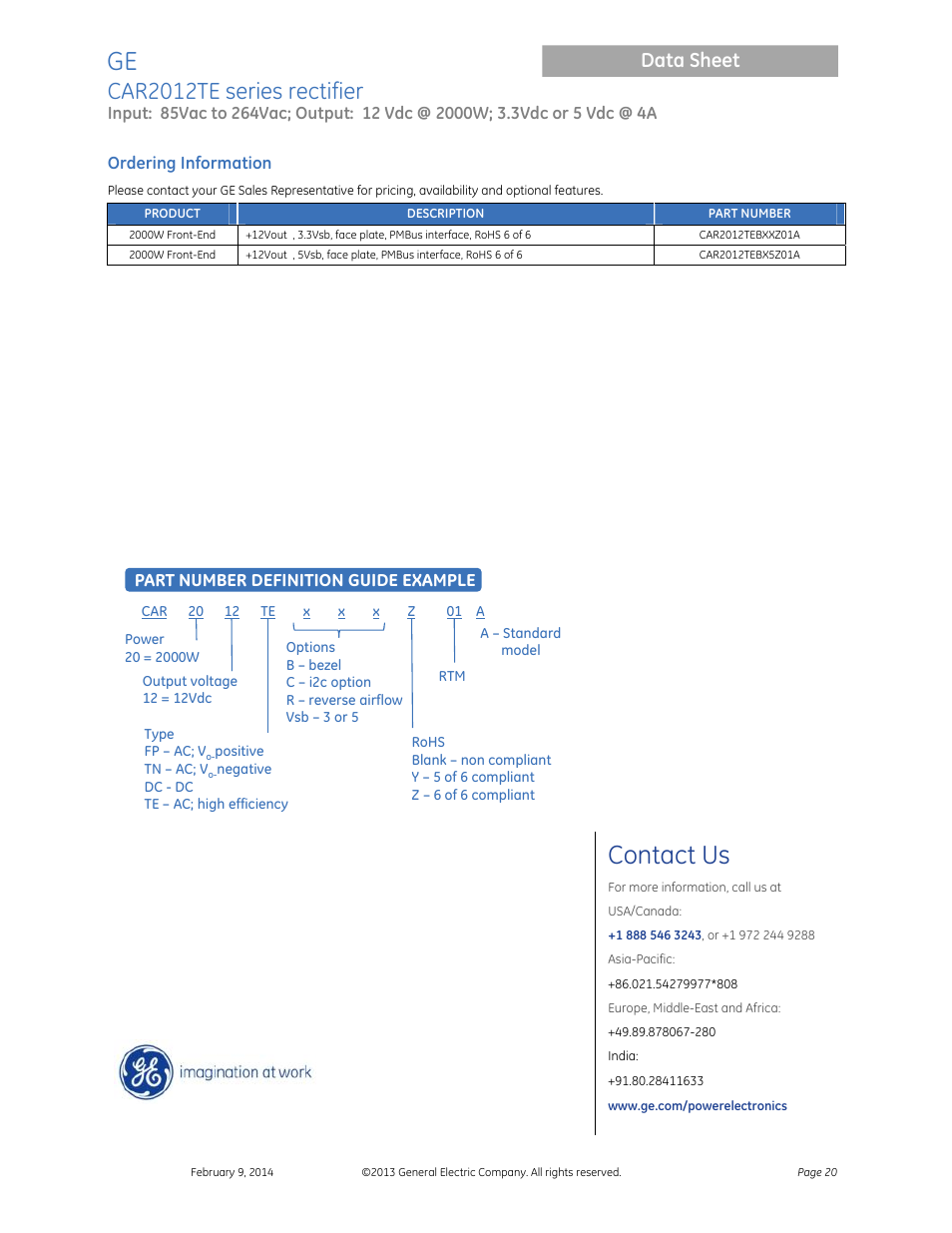 Contact us, Car2012te series rectifier, Data sheet | GE Industrial Solutions CAR2012TE series User Manual | Page 20 / 20