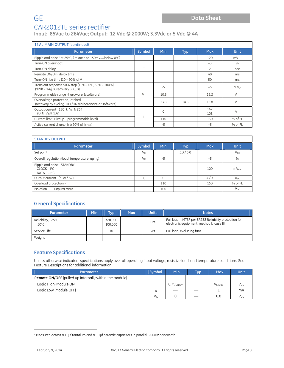 Car2012te series rectifier, Data sheet, General specifications | Feature specifications | GE Industrial Solutions CAR2012TE series User Manual | Page 3 / 20